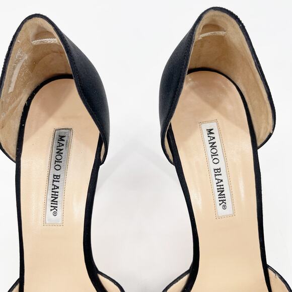 Manolo Blahnik Black Satin Sedaraby Crystal Detail D'Orsay Peep Toe Heels IT 40 - Picture 7 of 13